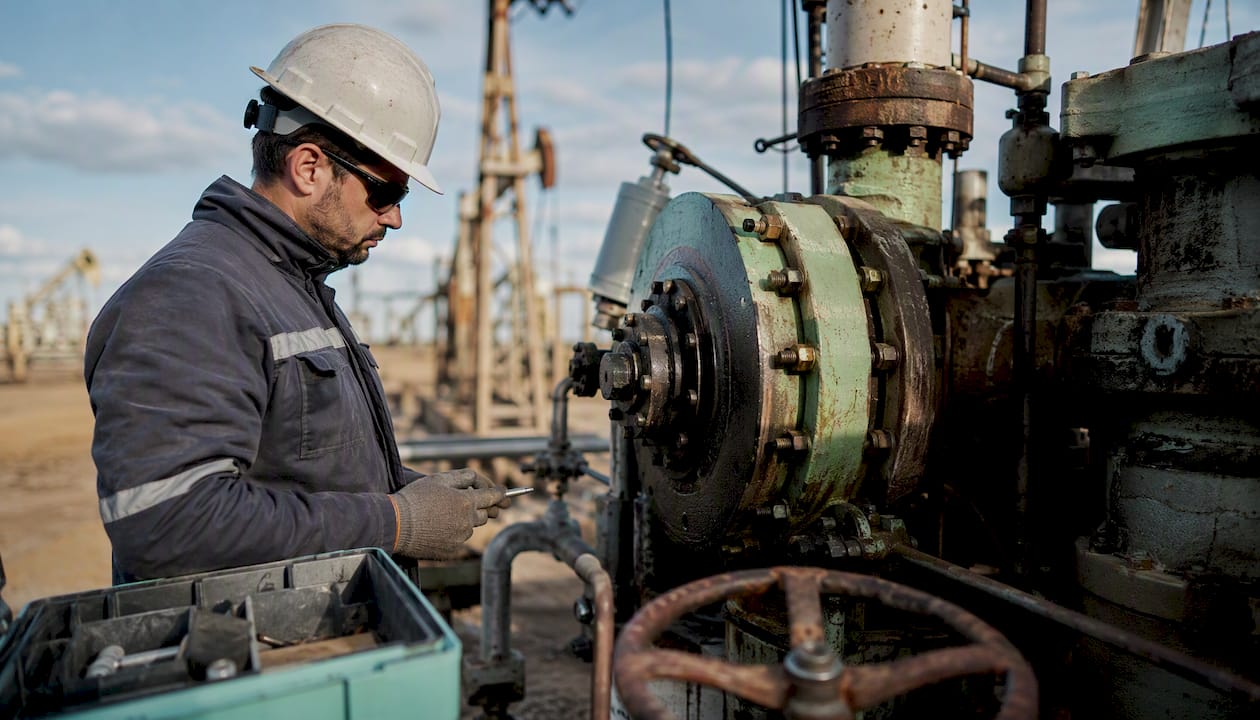 Gloved hand inspecting oilfield pump