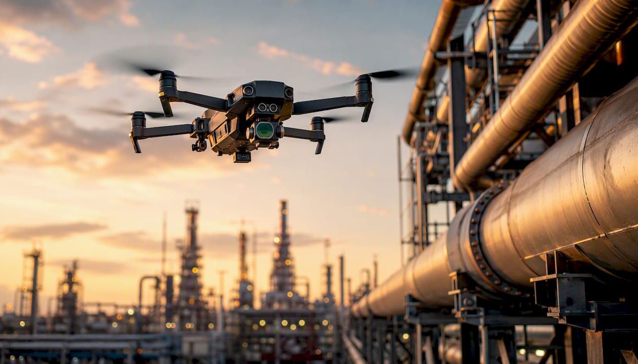 Drone inspecting refinery pipes outdoors