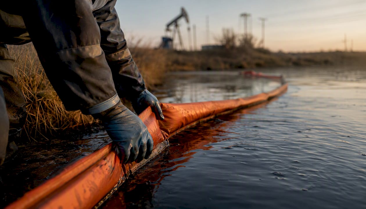 Hands placing oil containment boom in water