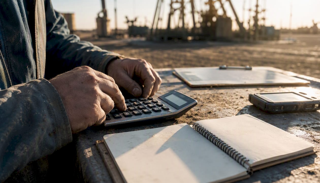 Operator hands using calculator at wellsite