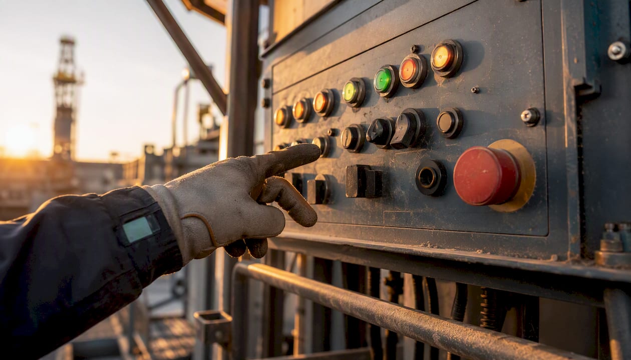 Alert light on wellsite control panel indicating compliance status