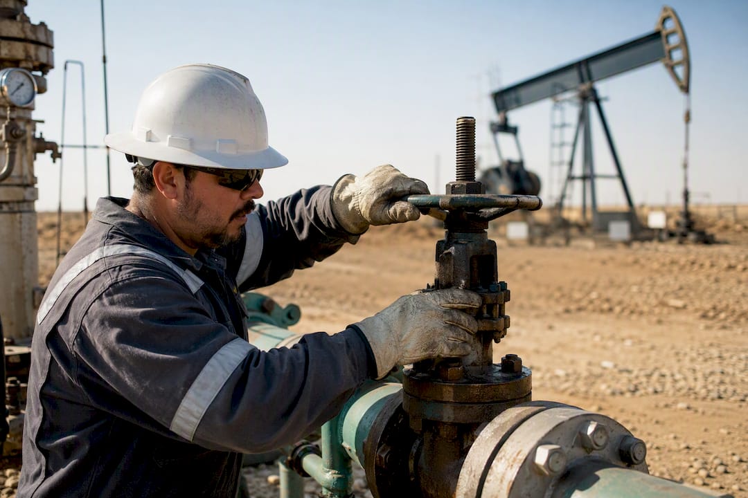 Hands adjusting valve on oilfield pipeline
