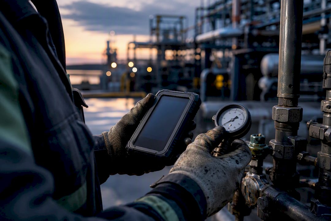 Hands adjusting field gauge beside digital device outdoors