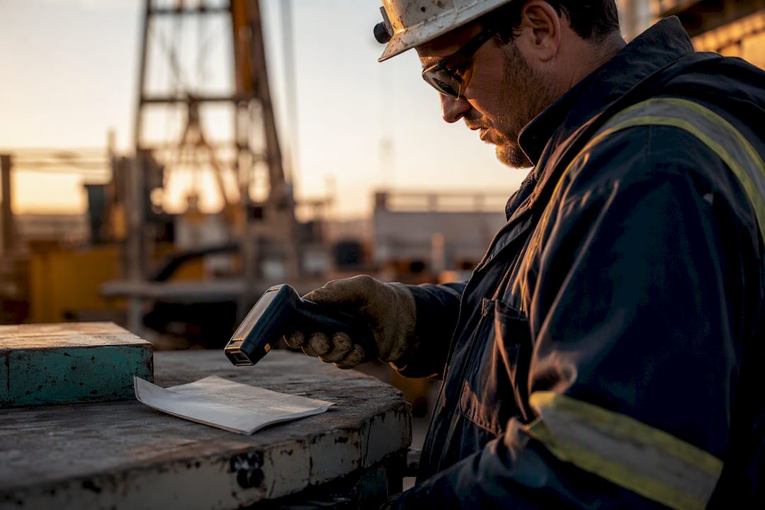 Technician scanning vendor field ticket outdoors