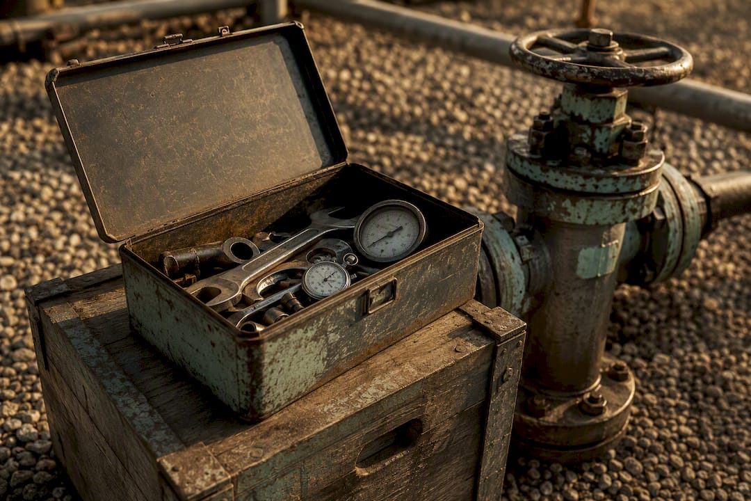 Oilfield maintenance tools and ledger close-up