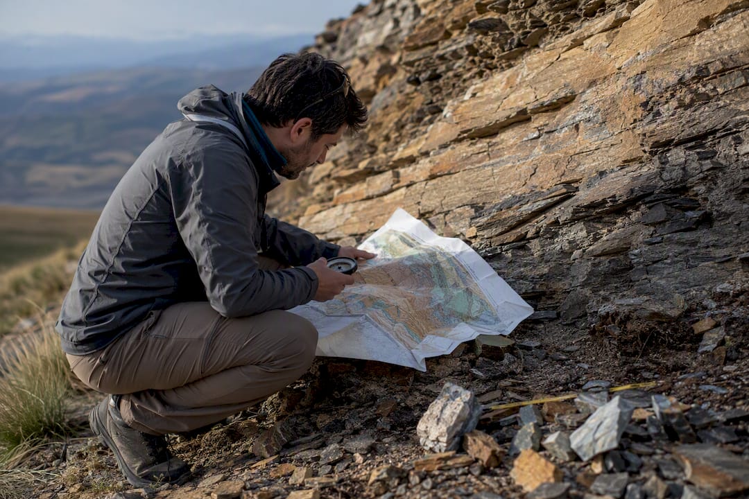 Geologist tools and hands at field site