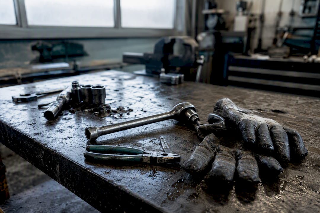 Oilfield maintenance tools on workbench