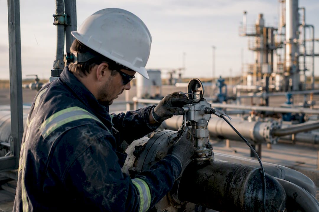 Technician calibrating oilfield sensor outdoors