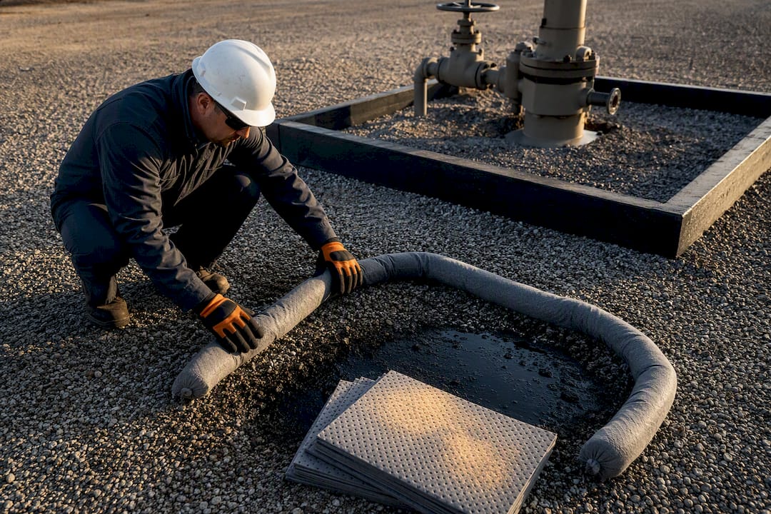 Field worker containing oil spill with absorbents