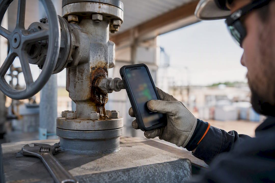 Technician photographing corroded oilfield valve