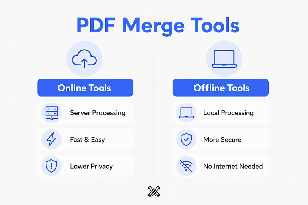 Infographic comparing online and offline PDF merging tools