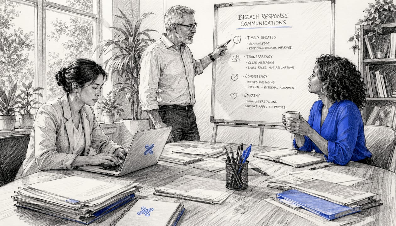 Diverse team in data breach communication planning meeting