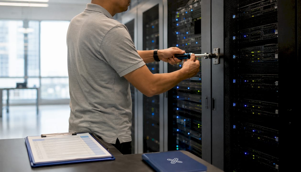 Technician securing server rack in server room