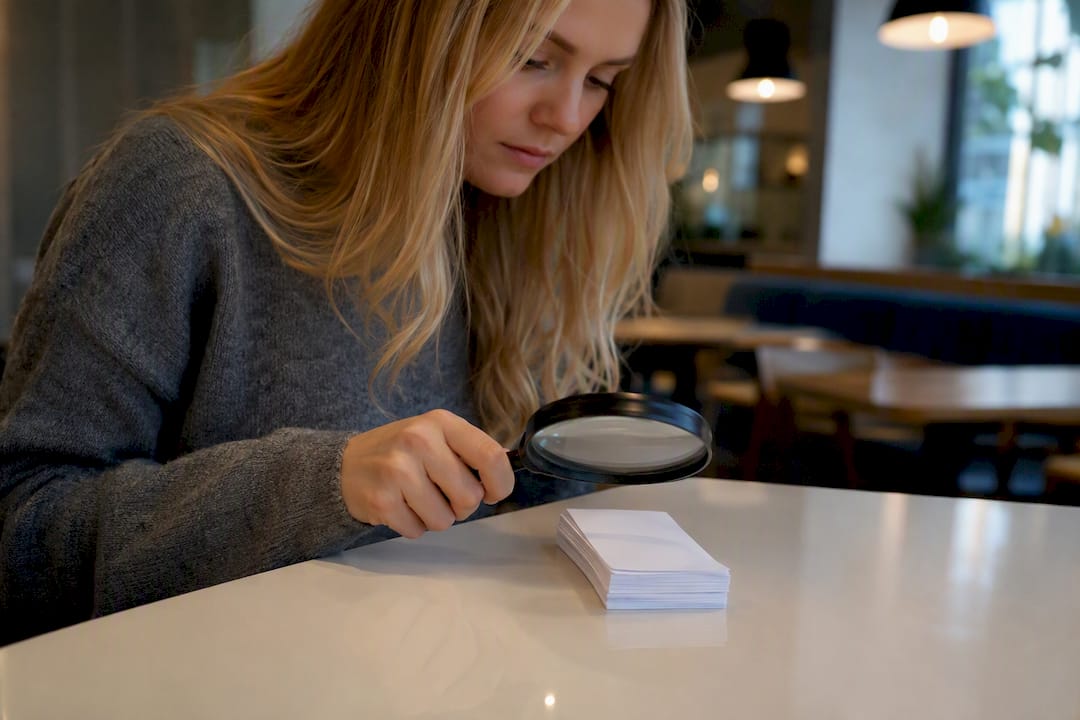 Hand holding magnifying glass over receipts representing OCR