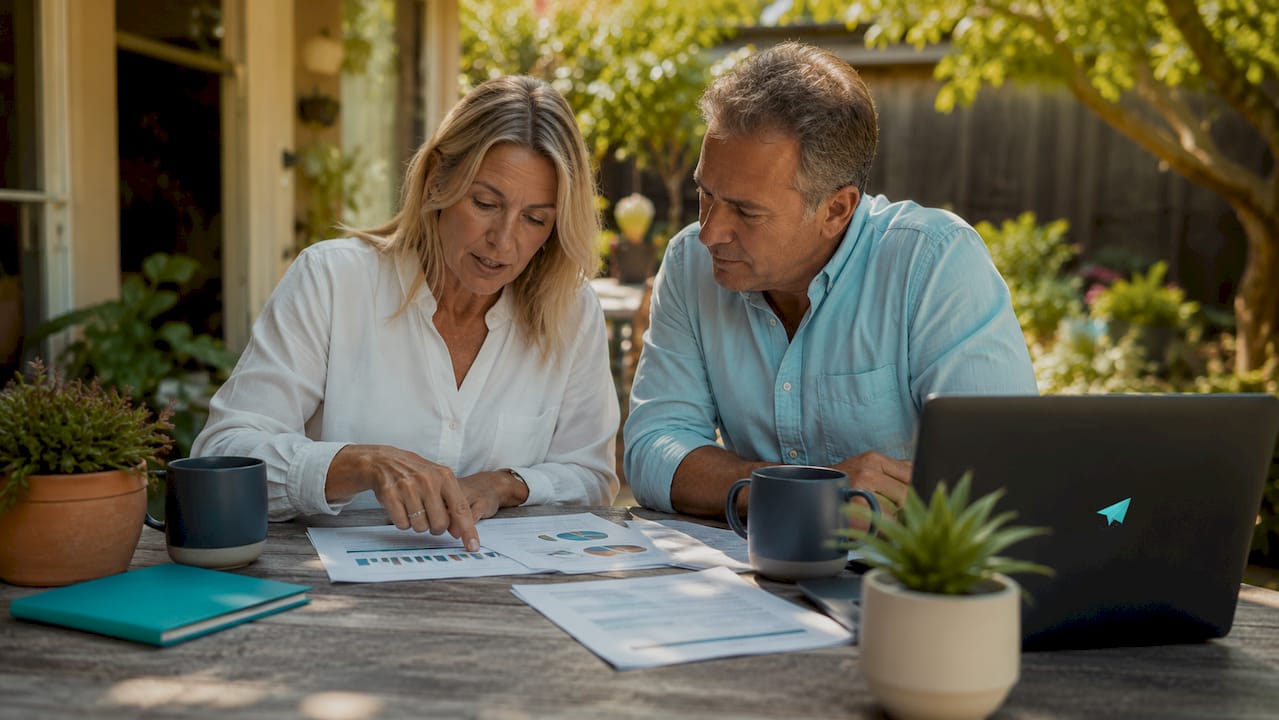 Couple reviewing retirement plans at kitchen table