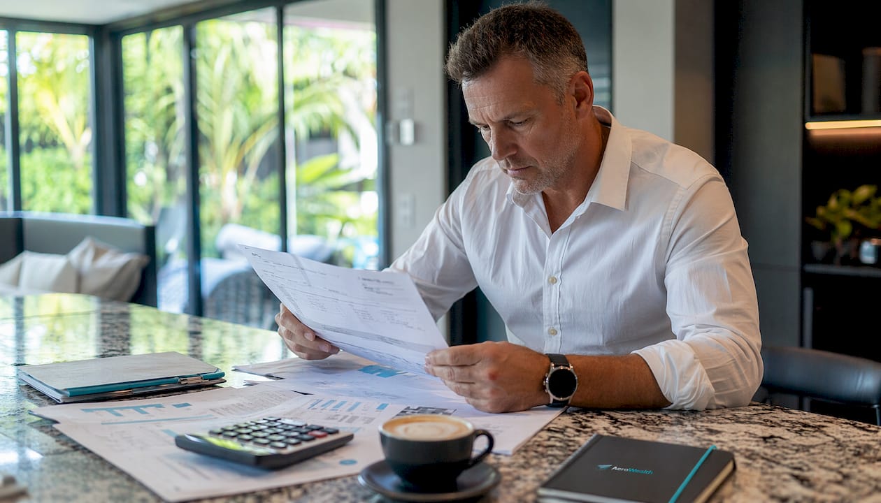 Investor reviewing property tax documents at home office