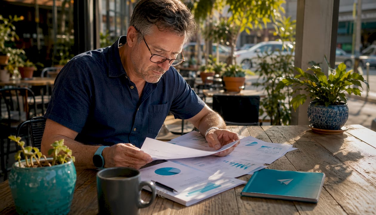 Australian retiree reviewing superannuation papers