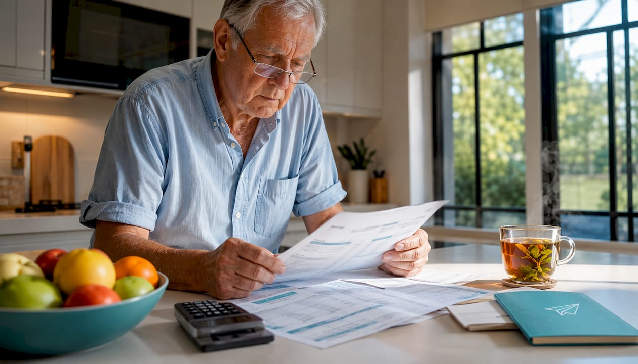 Elderly Australian man reviewing retirement documents