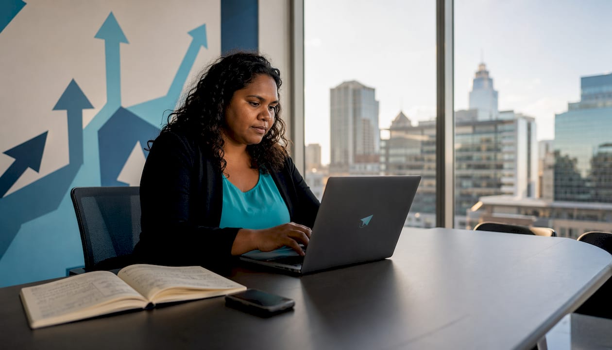 Indigenous woman typing financial notes in modern office.