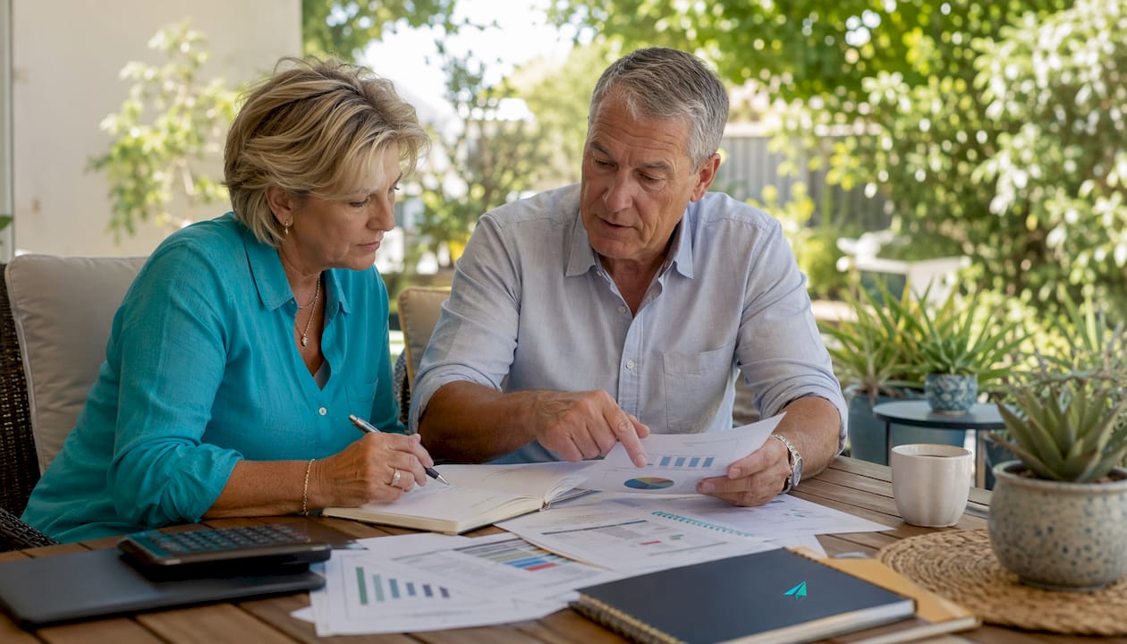 Australian couple reviewing retirement plans at home table.