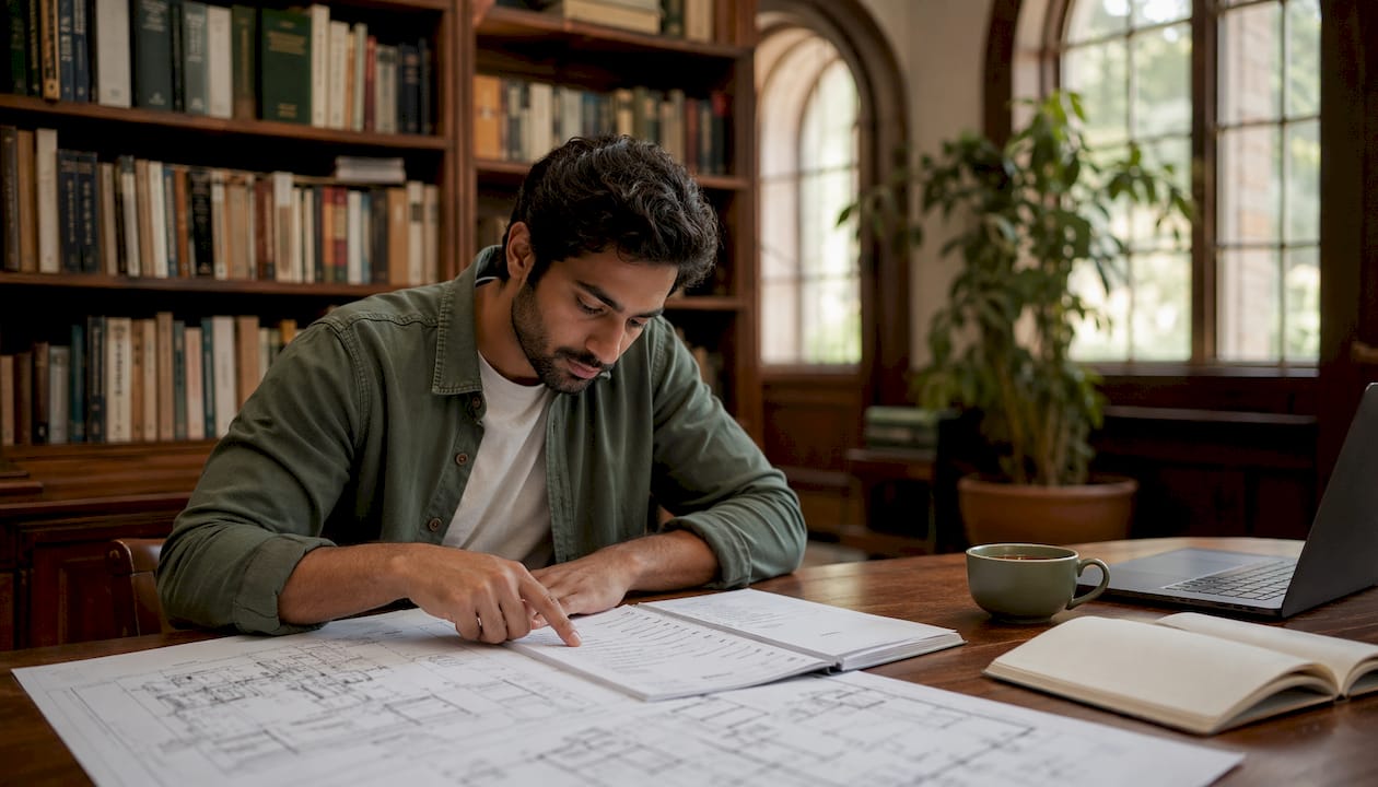 Architect reviewing CDC application checklist over building plans