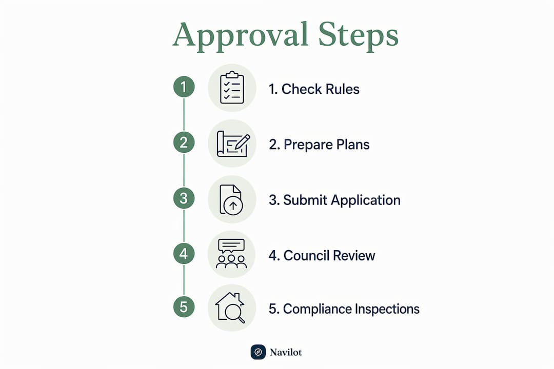 Infographic showing stages of granny flat approval process