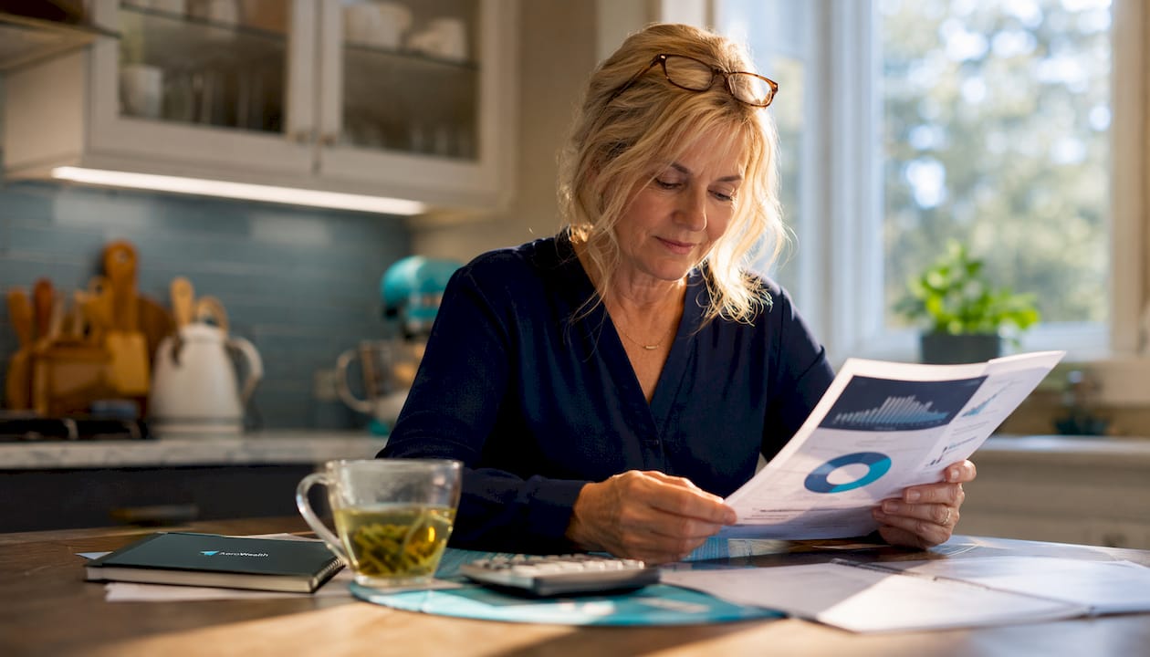 Mature woman reviewing retirement plan at home