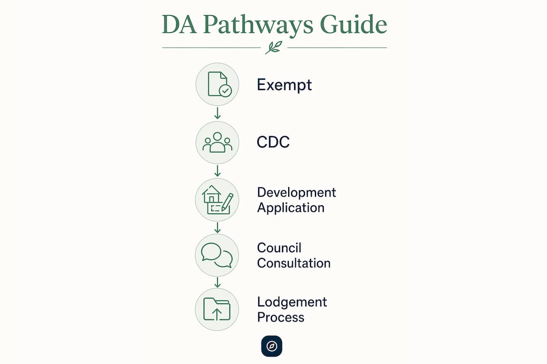 Infographic showing development application pathways and steps