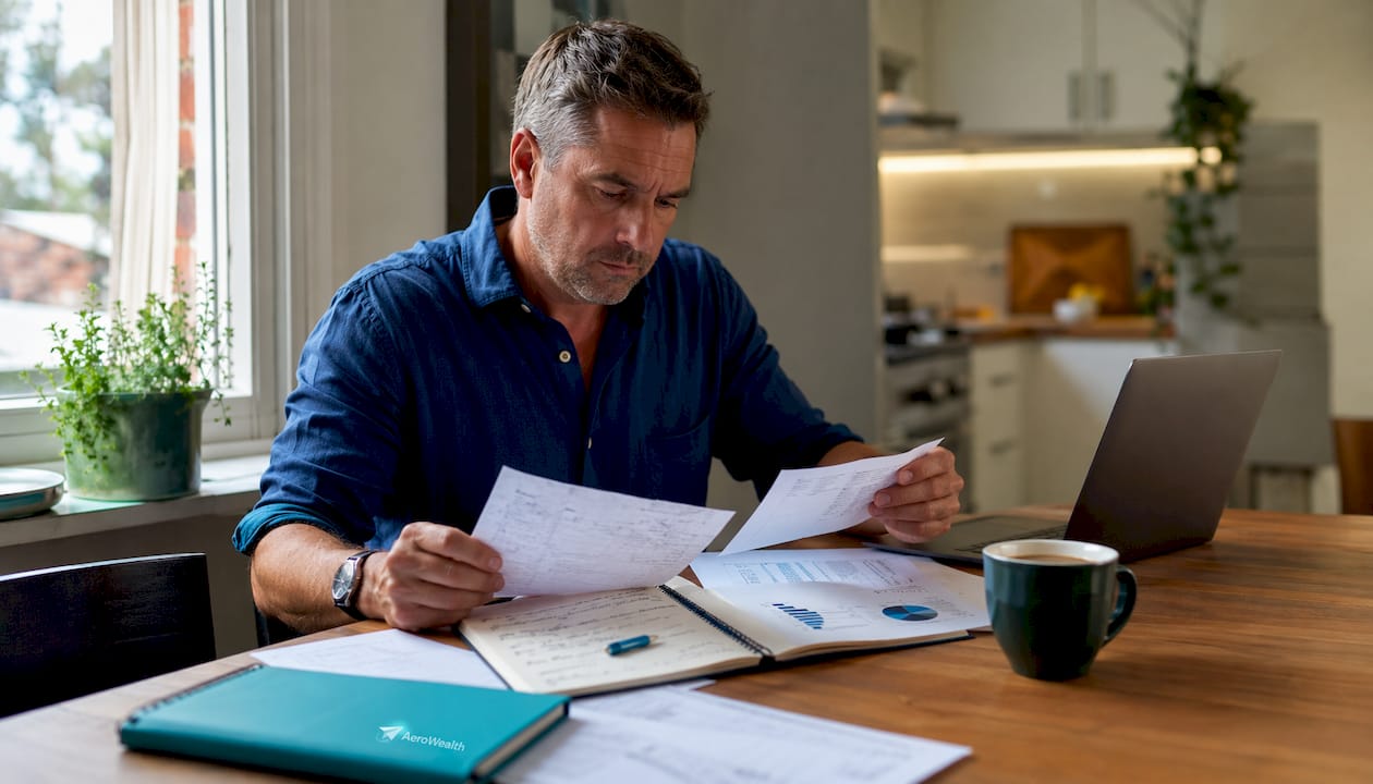 Man reviewing financial documents for early retirement