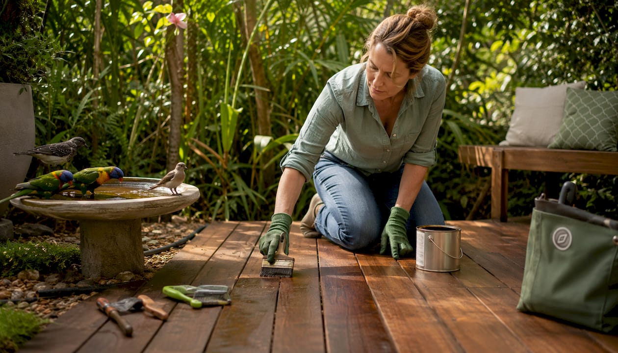 Hands oiling timber deck in Sydney backyard