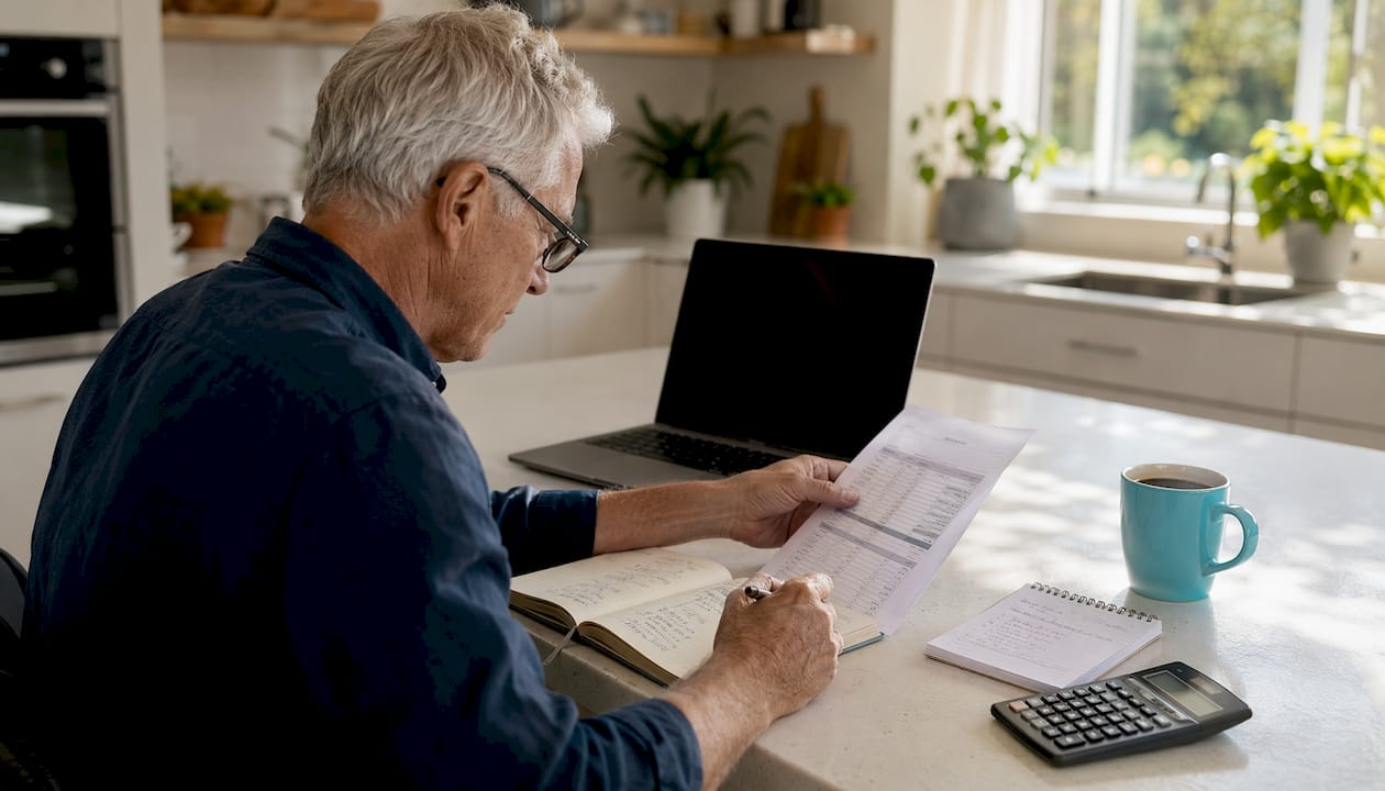 Senior Australian man reviewing retirement portfolio at home desk