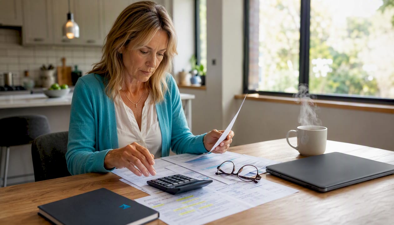 Woman reviewing pension asset documents at desk