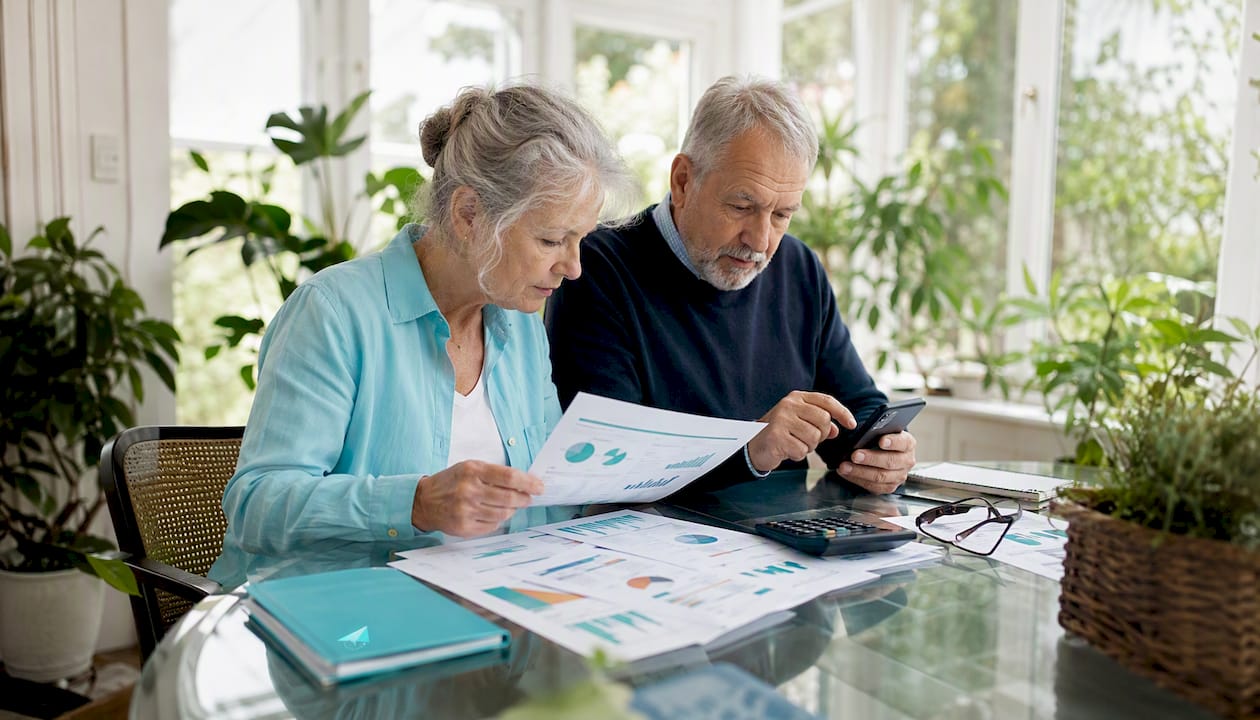 Elderly couple reviewing pension tests at home