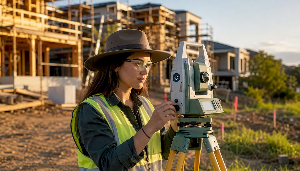 Surveyor taking measurements on urban development site