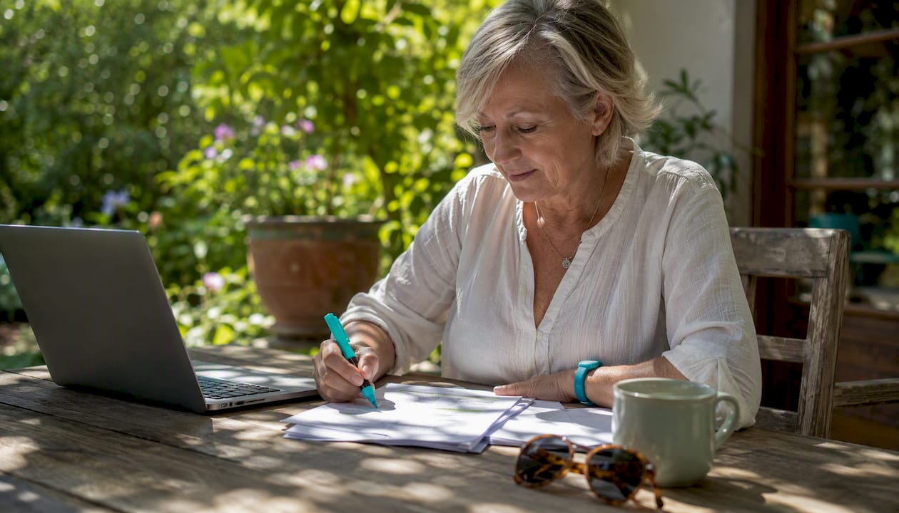 Retiree reviewing super recontribution documents at home