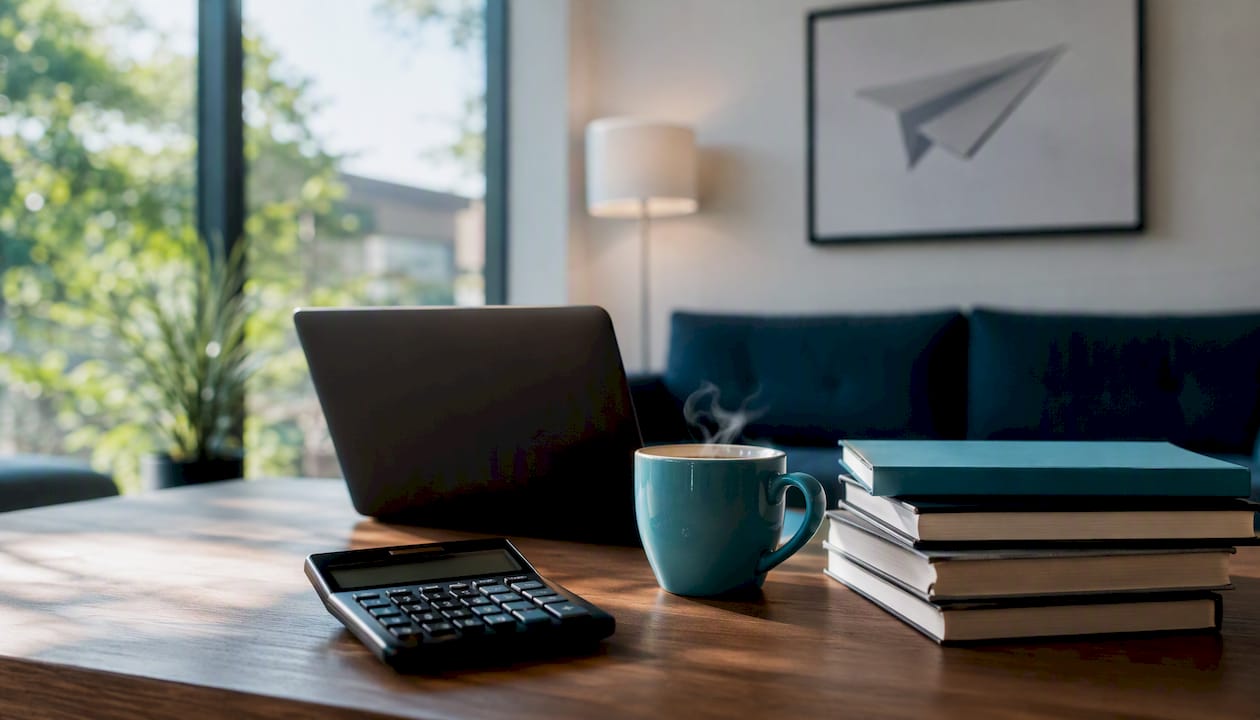 Calculator and coffee on modern home office table