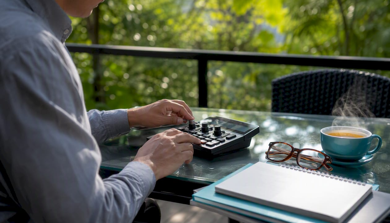 Hands adjusting vintage calculator on desk