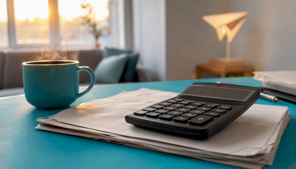 Calculator and superannuation documents on desk