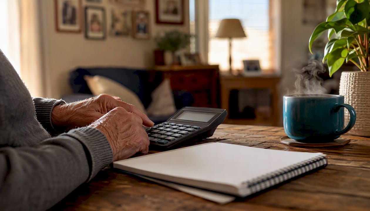 Hands adjusting calculator at home table