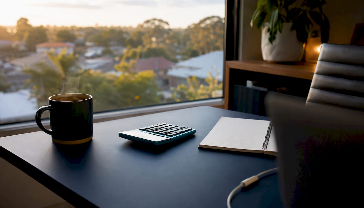 Calculator and notebook on dark desk with mug