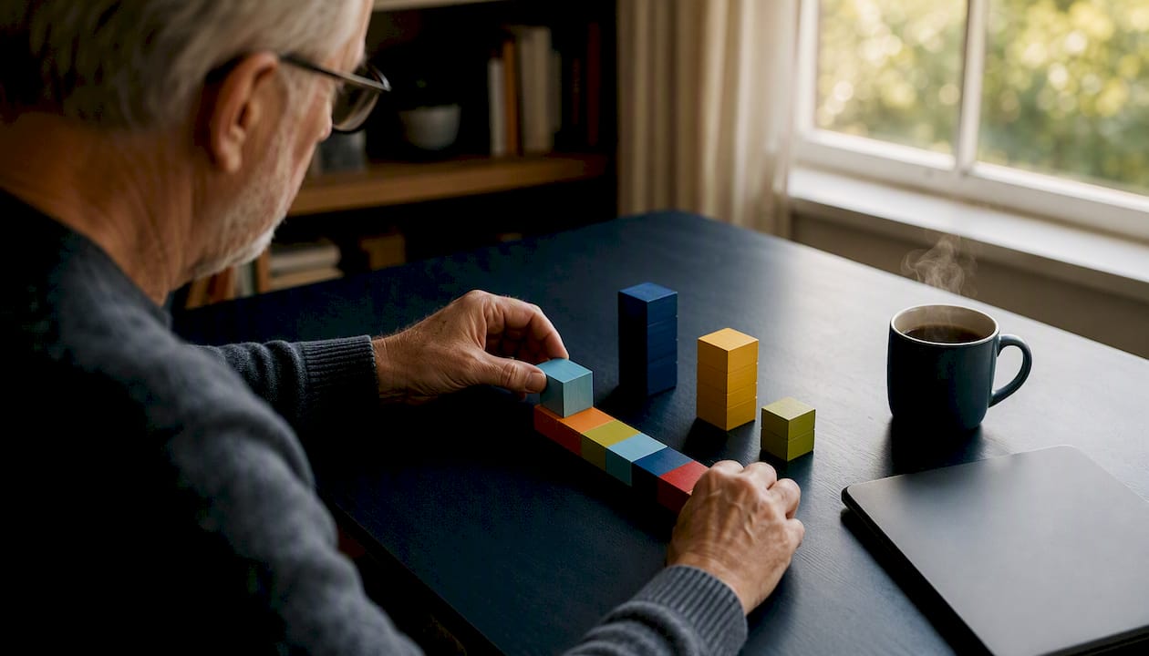 Hands adjusting retirement spending tokens at desk