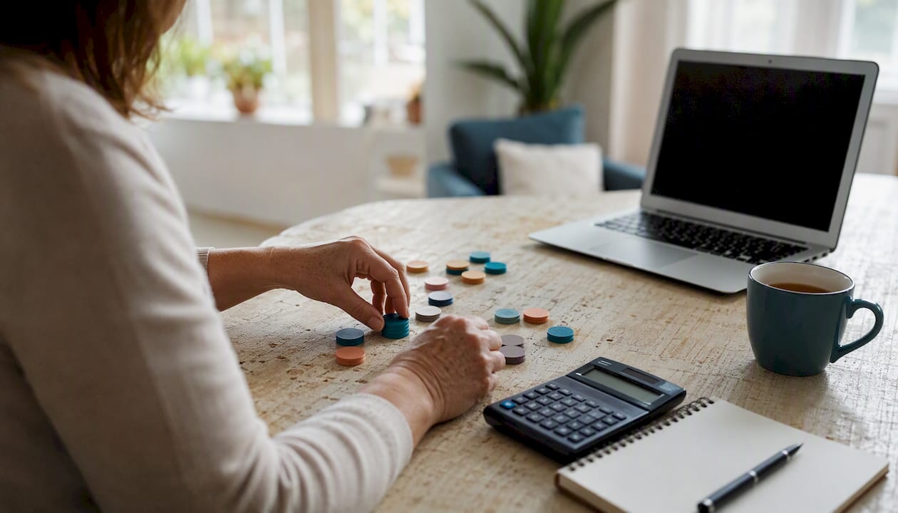 Hands adjusting financial tokens on table for planning