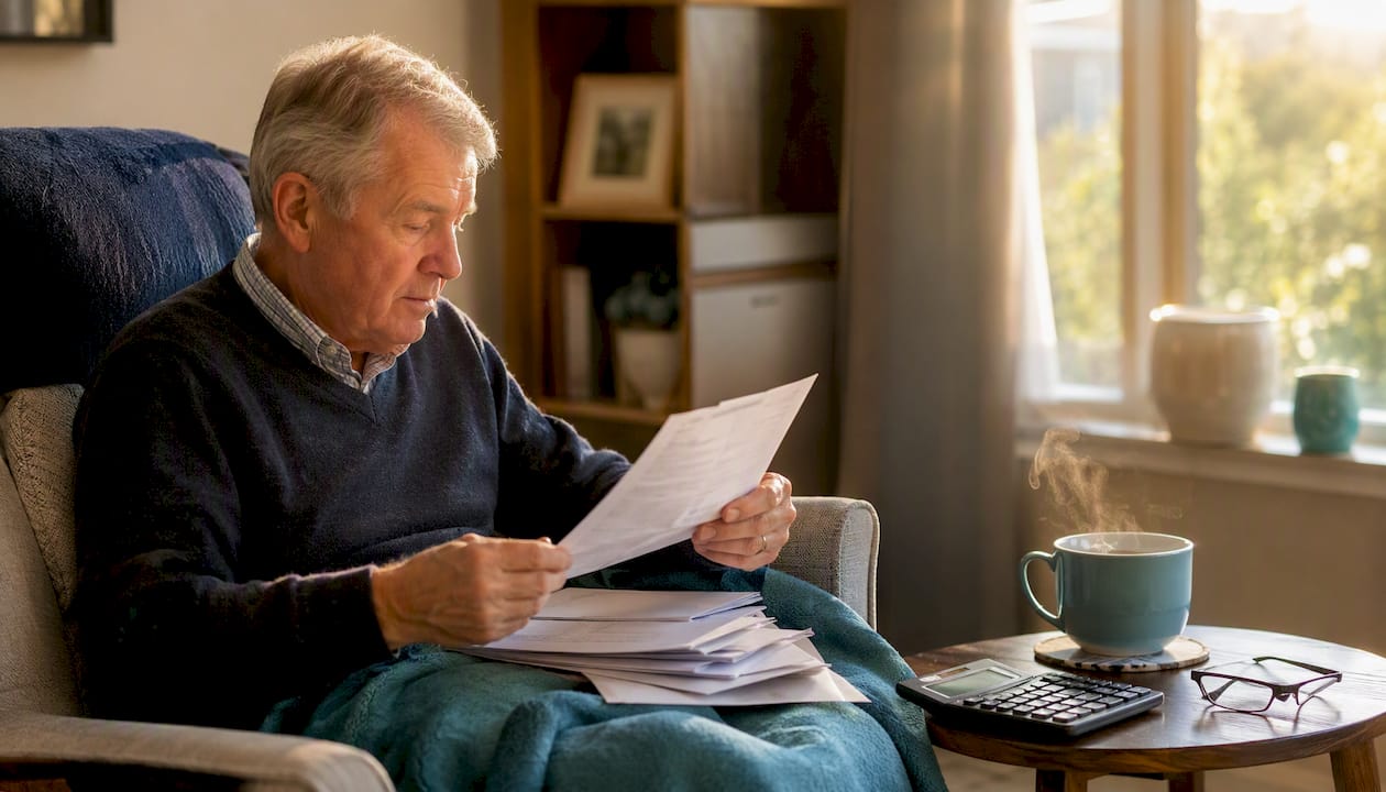 Retiree organizing pension documents at home table