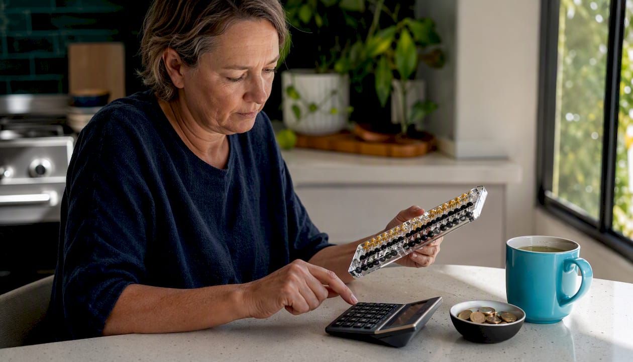 Person using calculator and abacus at home desk