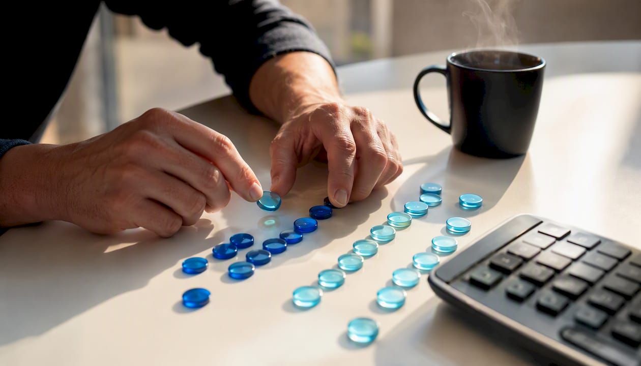 Hands allocating glass tokens on desk for tax planning