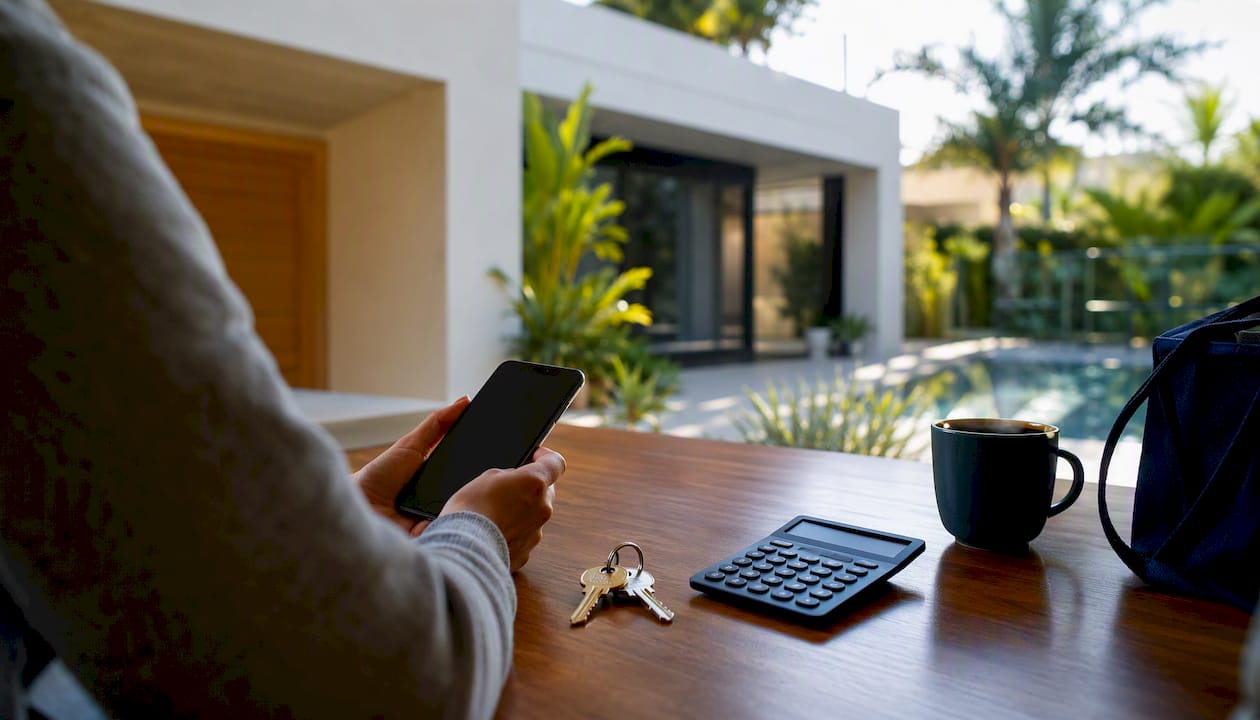 Modern Australian home exterior with keys and dark smartphone screen