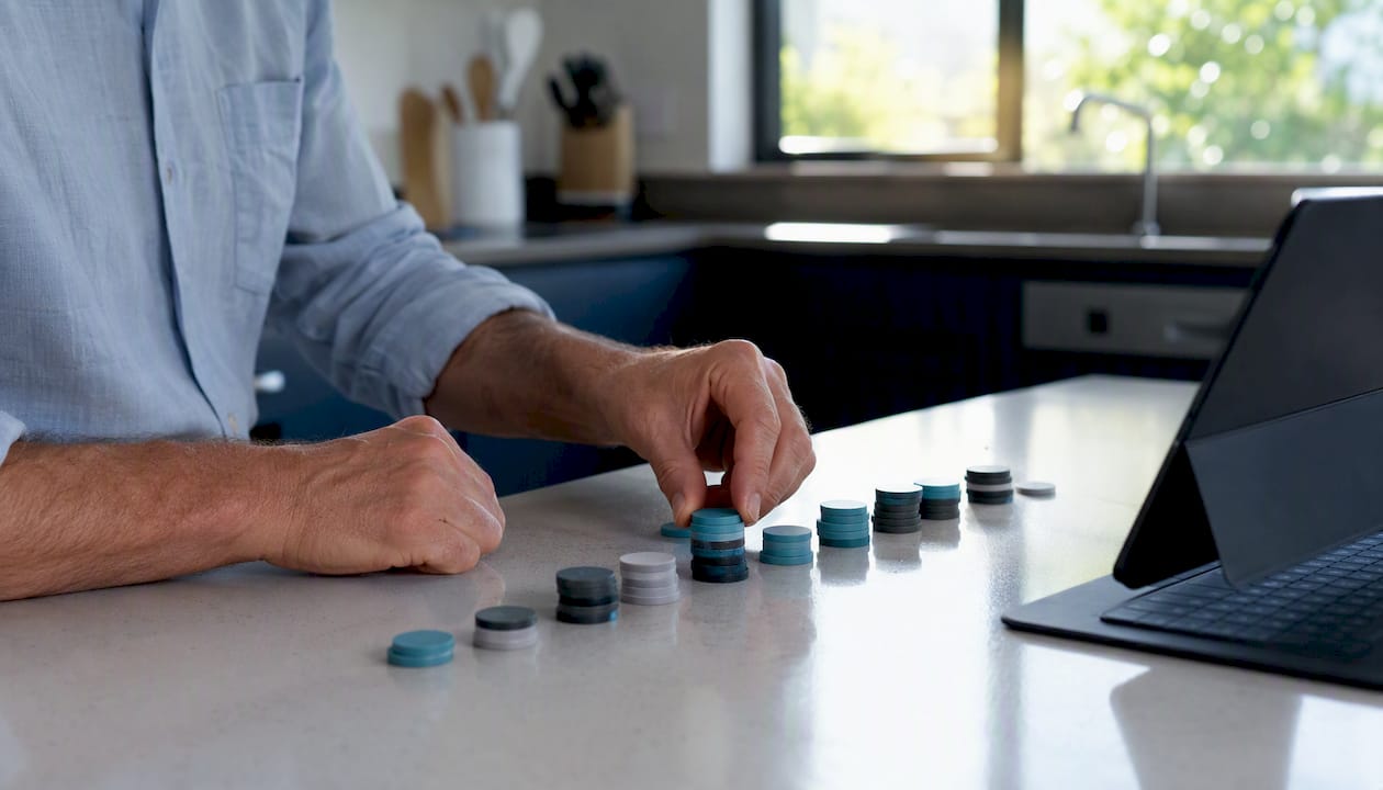 Hands adjusting investment tokens on table