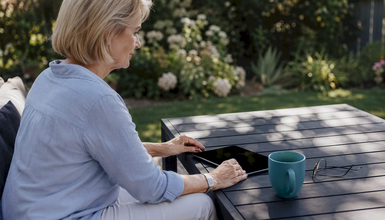 Mature Australian person adjusting tablet outdoors