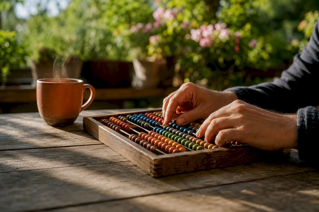Hands moving abacus beads for mortgage calculation