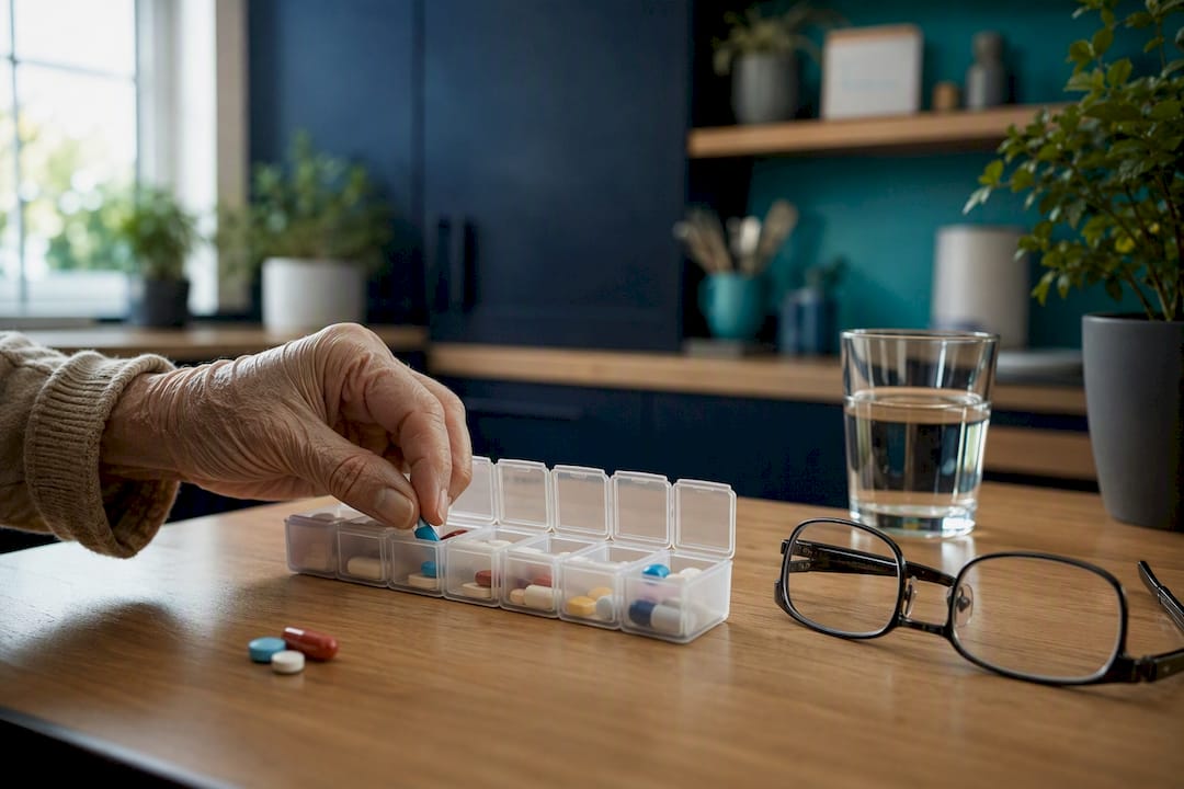 Medication organizer and glasses on bathroom counter